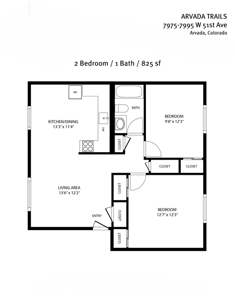 A drawing of a floor plan for a 2 Bedroom / 1 Bath / 825 sf apartment.